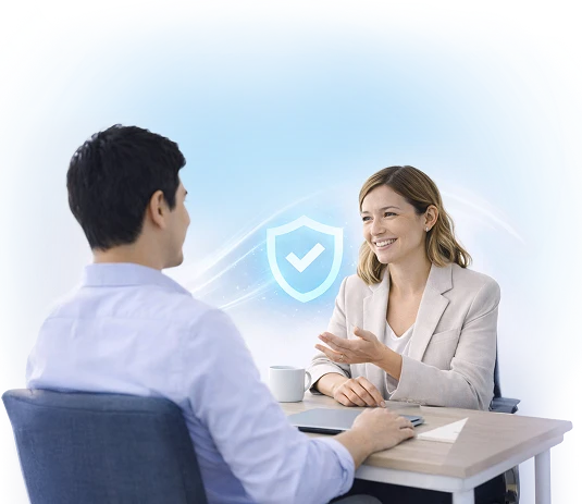 a banker reviews security measures with a client