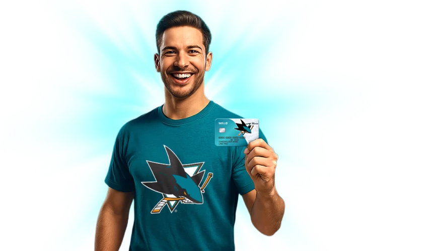 a man holding a Sharks-branded Tech CU credit card