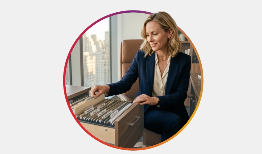 a woman looking through a filing cabinet
